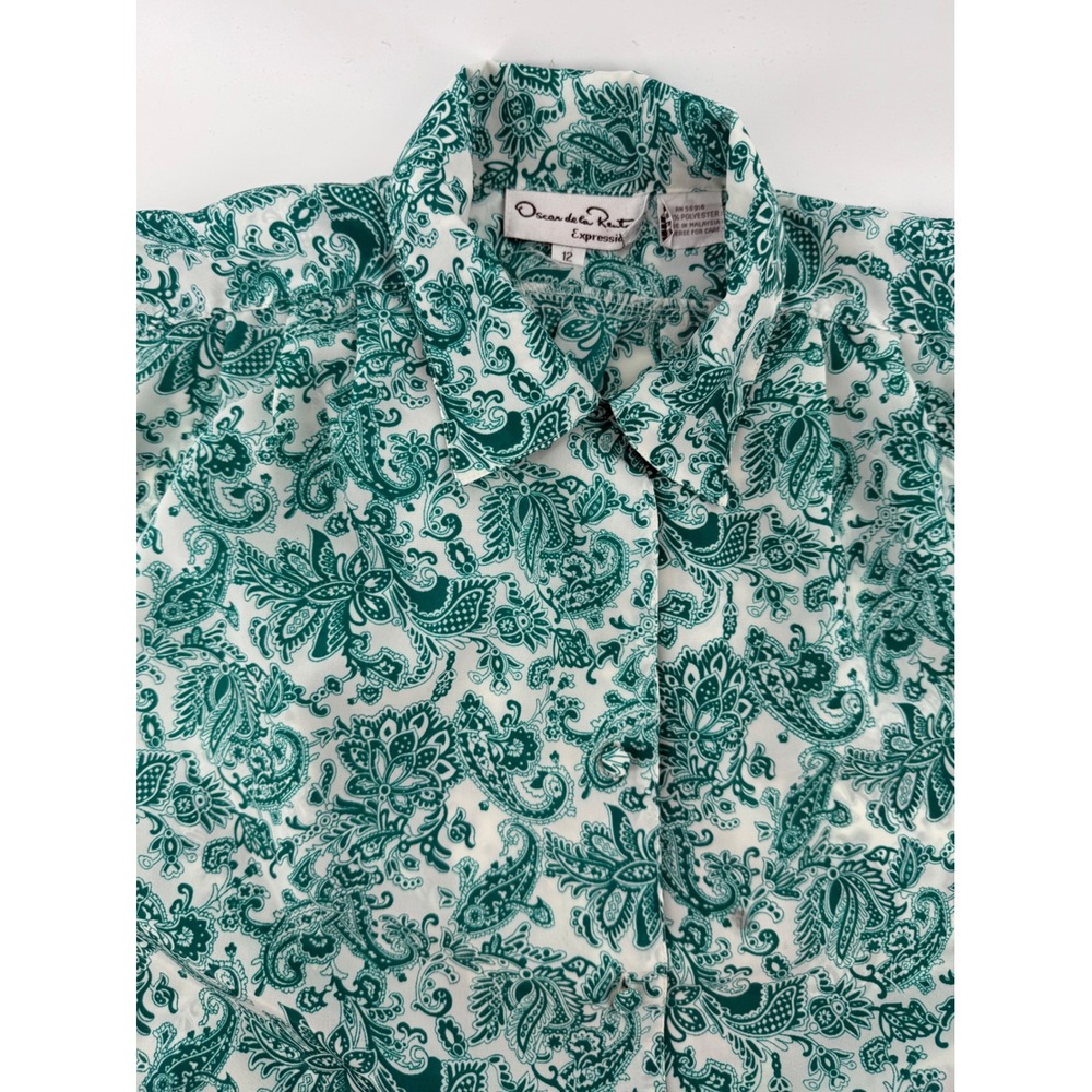 Vtg Oscar de la Renta Expressions Green Paisley Button Down Blouse Top‎ Size 12